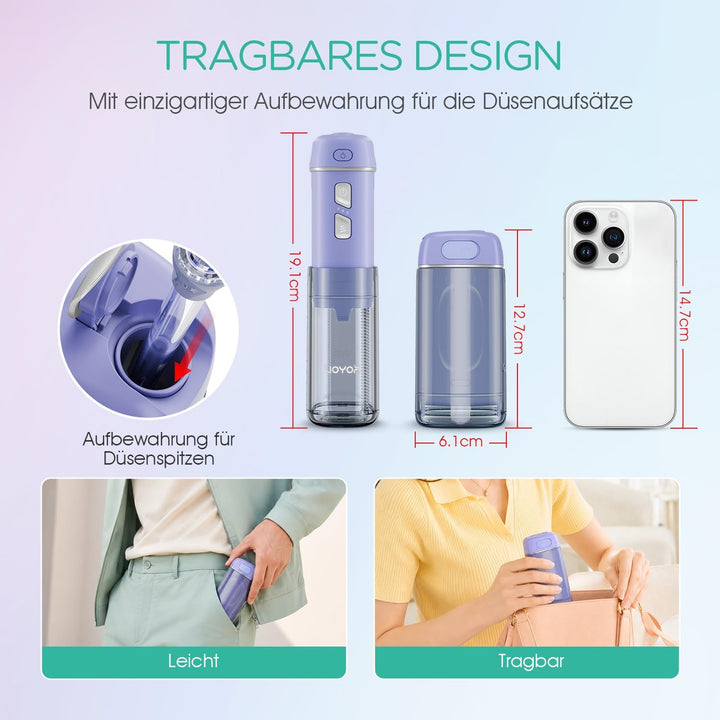 VOYOR-HEALTH Munddusche Kabellos Elektrischer Zahnreiniger, Tragbare Mundduschen IPX7 Wasserdicht un