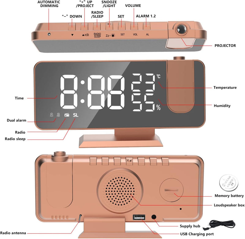 Wecker mit Projektion Radiowecker Digitaler Projektionswecker mit USB-Anschluss, 7.5 Zoll grosses Sp