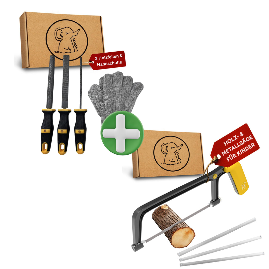 Eli® 3 Holzfeilen Set + Säge für Kinder inkl Schutzhandschuhe - Holzraspel - Werkzeuge für Holz - ru