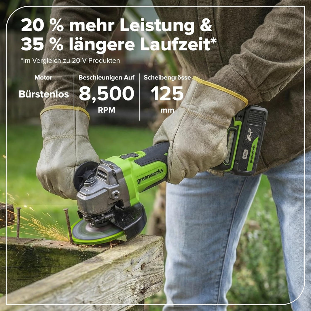 Greenworks 24V Akku-Winkelschleifer, 125 mm Scheibe, 8500 U/min, 700 W bürstenloser Motor, links- un