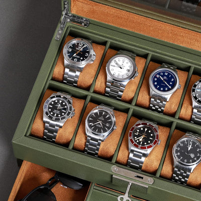 ROTHWELL Leder-Uhrenbox 10 Fächer mit Schublade, Luxus-Uhrenetui mit weichen Kissen, abschliessbarer