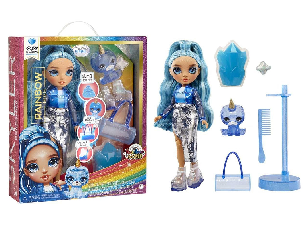 Rainbow High Modepuppe mit Schleim & Haustier - Skyler (Blau) - 28 cm Schimmernde Puppe mit Glitzers
