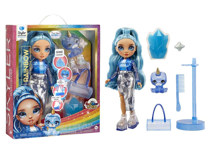 Rainbow High Modepuppe mit Schleim & Haustier - Skyler (Blau) - 28 cm Schimmernde Puppe mit Glitzers