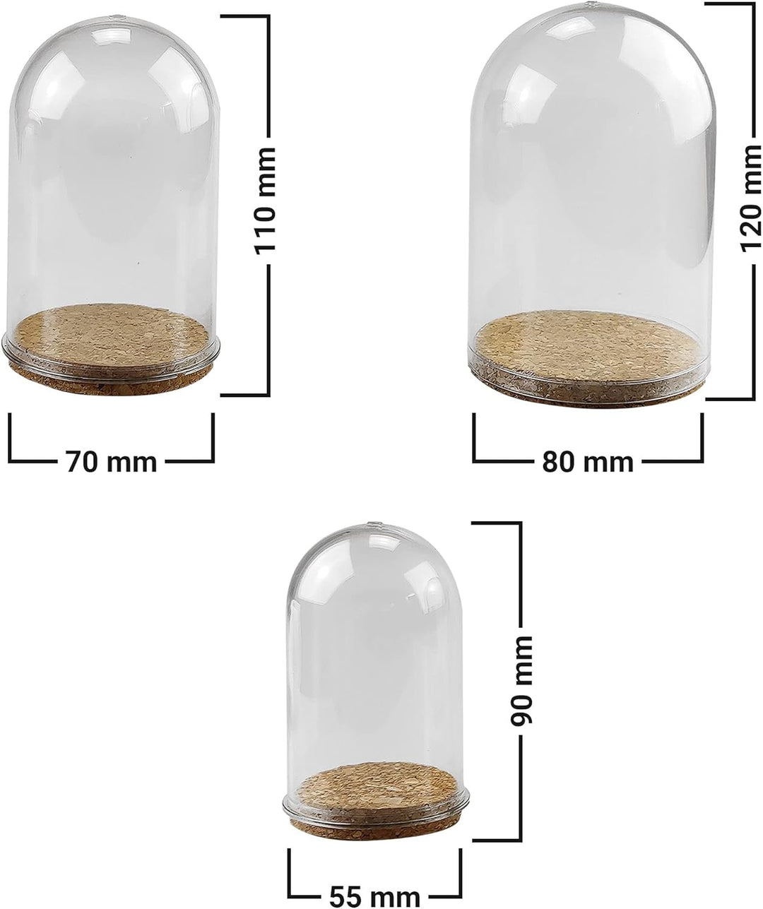 Netuno 3 x Acryl Glocke mit Korkboden 12 cm Transparent Kunststoffhaube Acrylkuppel Glasglocke DIY A