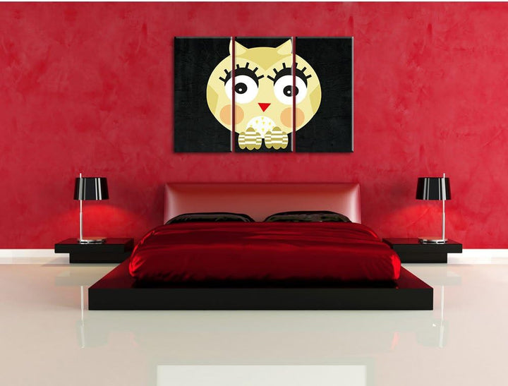 Pixxprint Hübsche gelbe überraschte Eule / 3-Teilig/Gesamtmass 120cm Leinwandbild bespannt auf Holzr