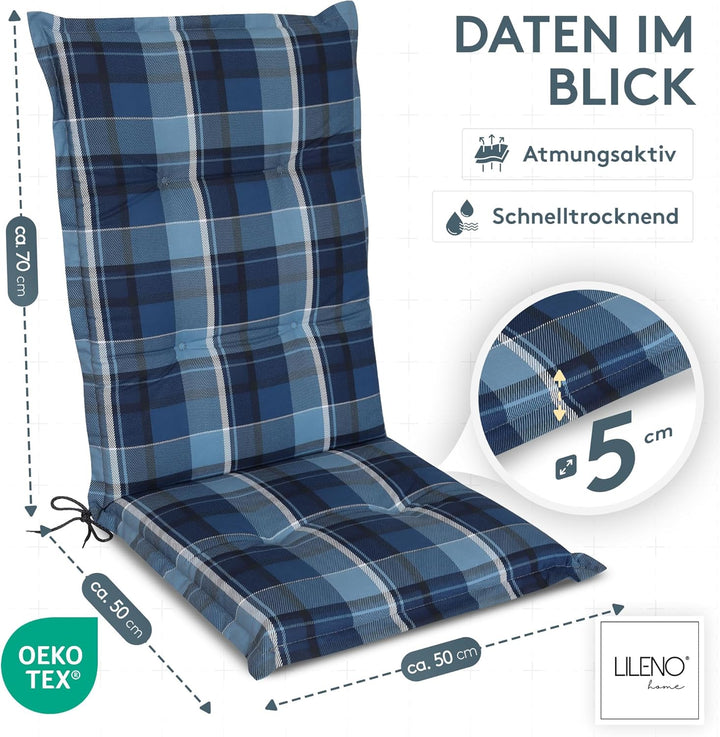 LILENO HOME Gartenstuhl Auflagen als [1er Set - Hochlehner] in Karo Blau - Bequeme Liegen als Sitzau