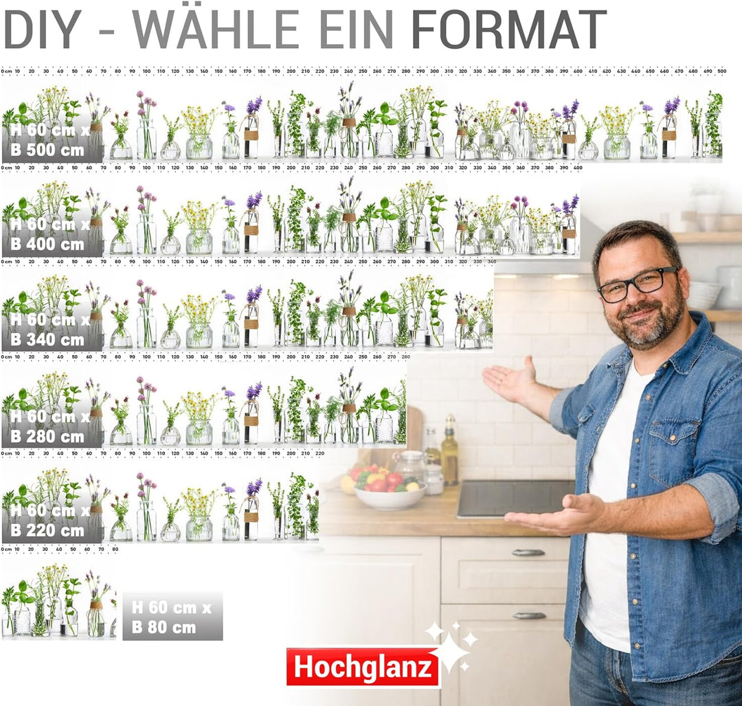 StickerProfis Küchenrückwand selbstklebend Glasoptik - KRÄUTERGLÄSER - 1.8mm, Versteift, alle Unterg