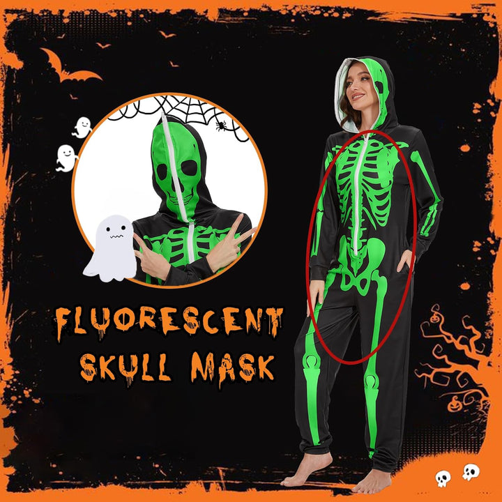 Ulikey Halloween Skelett Kostüm Damen, Halloween Skelett Onesie Overall Pyjama Erwachsene Damen Hall