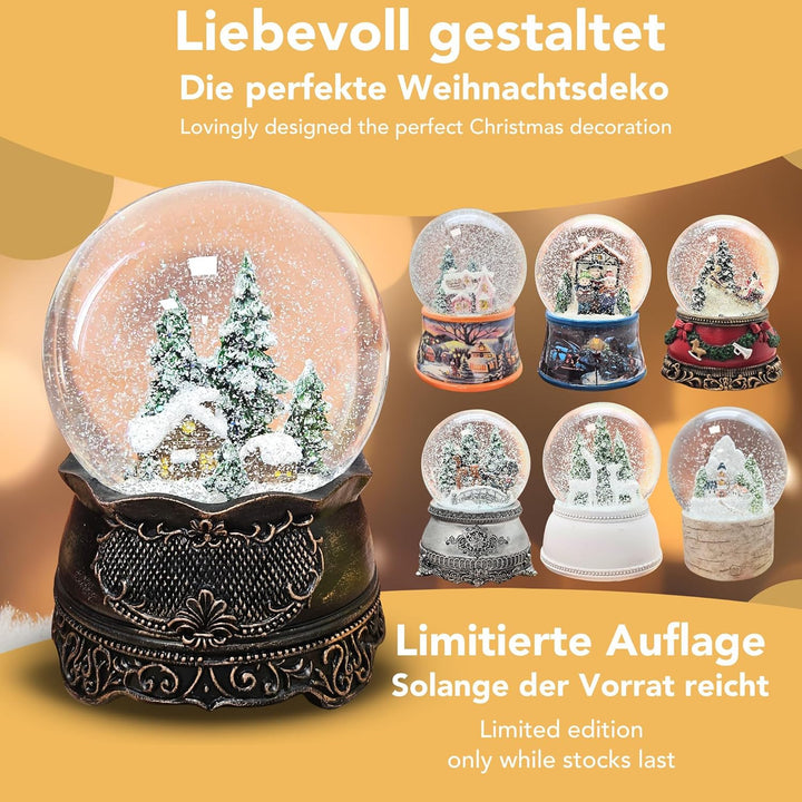 Schneekugel Weihnachten Spieluhr | Hüttenzauber Berghütte | Sockel Kupfer antik | Höhe: 140mm, Breit