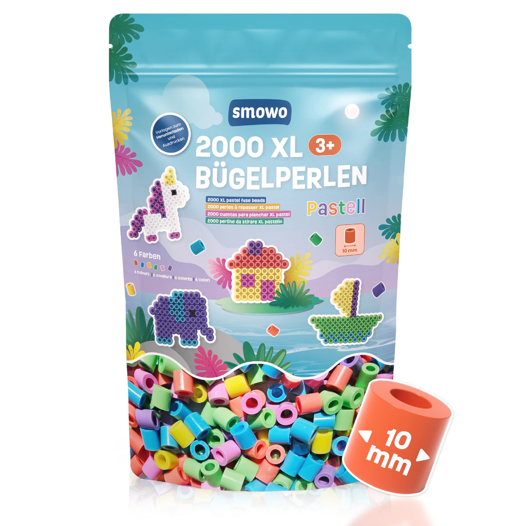 Smowo® Grosse 10mm Bügelperlen 2000 Stück für Kinder ab 3 Jahren - 6 Pastell Farben XL Steckperlen -