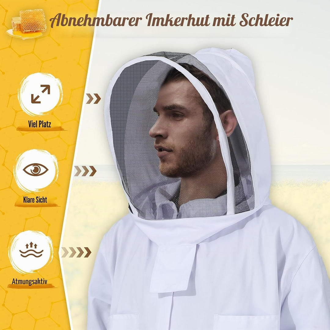 Moontay Baumwoll-Ganzkörper-Kleidung Imkeranzug Schutzanzug Overall Schutzkleidung mit Schleier, Kap