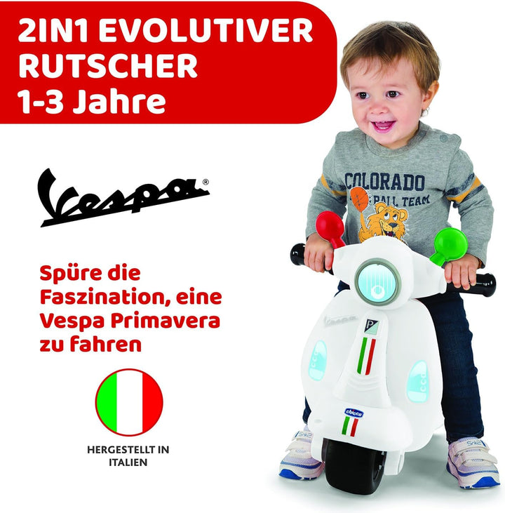 Chicco Motorrad Rutscher für Kinder Vespa Primavera, Kinderfahrzeug mit Elektronischem Bedienfeld, L