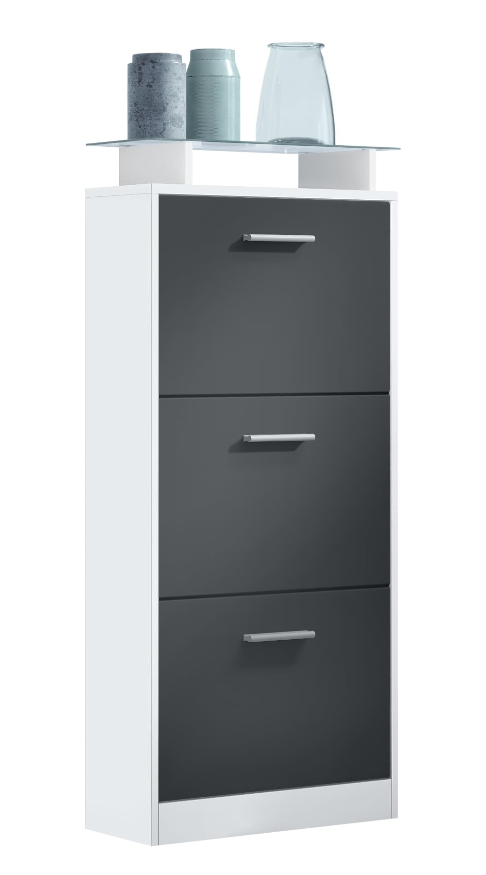 Vladon Schuhschrank Lavia V2, Schuhkipper für 12 Paar Schuhe mit 3 Klappen und Glasablage, Weiss mat