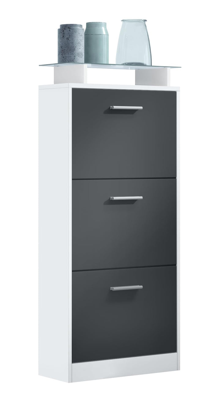 Vladon Schuhschrank Lavia V2, Schuhkipper für 12 Paar Schuhe mit 3 Klappen und Glasablage, Weiss mat