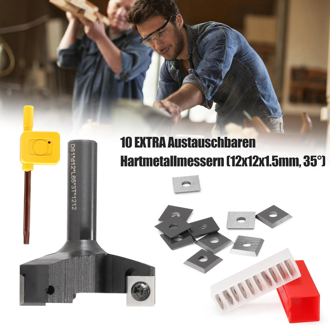 3 Flöten Planfräser 12mm schaft mit 10 austauschbaren Hartmetallmessern (12x12x1.5mm,35°) für Holz D