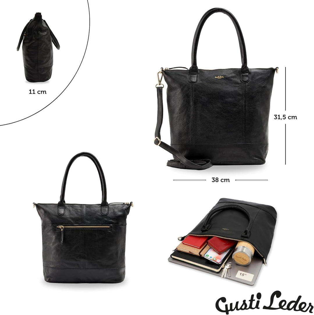Gusti Shopper Leder - Mia Handtasche Damen Arbeitstasche Schwarz, Schwarz