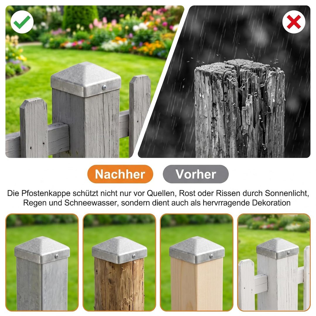 8 Stück Pfostenkappe 7x7cm, Quadratisch Zaunpfahlkappe Verzinkt | Pfostenkappen mit 16 Schrauben, Me