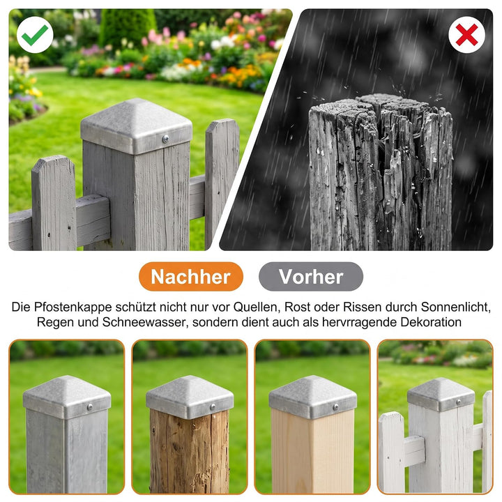 8 Stück Pfostenkappe 7x7cm, Quadratisch Zaunpfahlkappe Verzinkt | Pfostenkappen mit 16 Schrauben, Me