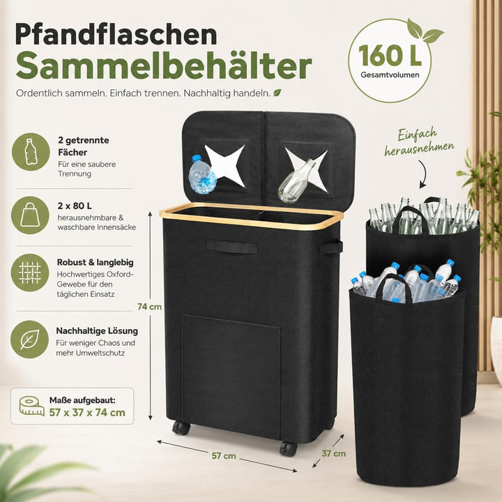 160L Leergut Sammelbehälter mit 2 Fächer, Pfandflaschen Sammelbehälter mit Rollen, Pfandbehälter mit