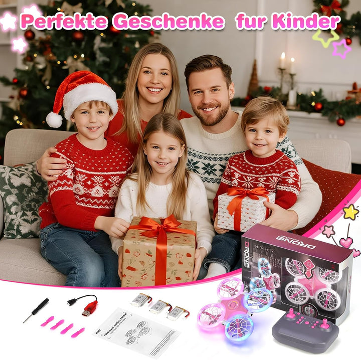 Mini Drohne für Kinder RC Drohne mit LED Geschenke für Jungen und Mädchen | 3 Akkus, 360°Flips Rosa,