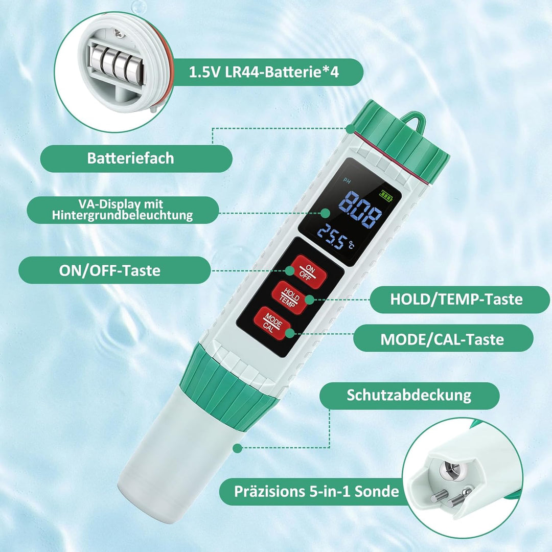 5 in 1 PH Messgerät Wasser, PH TDS EC Salzgehalt Temperatur Messgerät mit LED Display und Auto Tempe