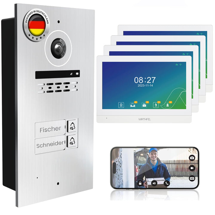 MATHFEL 2 Familienhaus 2 Draht Bus WLAN Video-Türsprechanlage, 2X 10 Zoll Touchscreen Monitore mit F