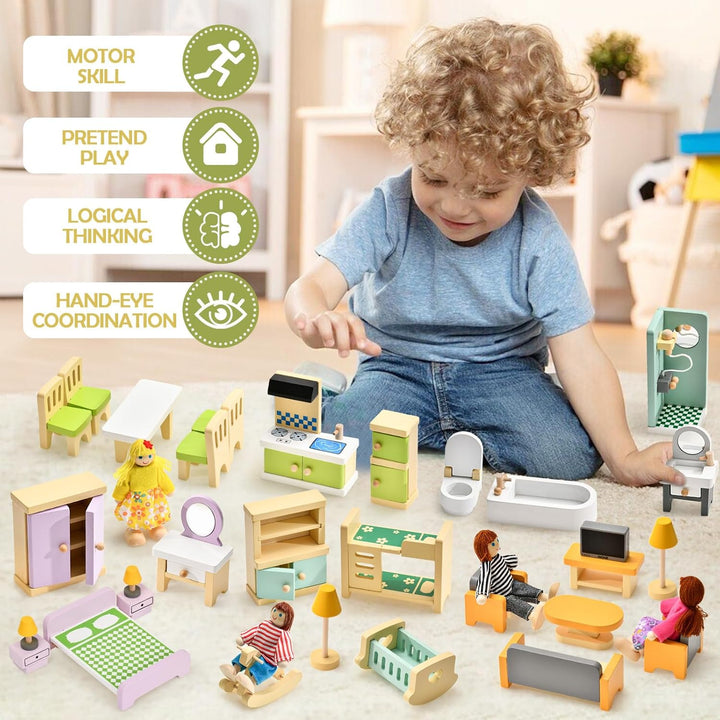 Atoylink Bunt Puppenhaus Möbel Set aus Holz, Puppen Zubehör Spielzeug mit Puppenhaus Puppen, Rollens