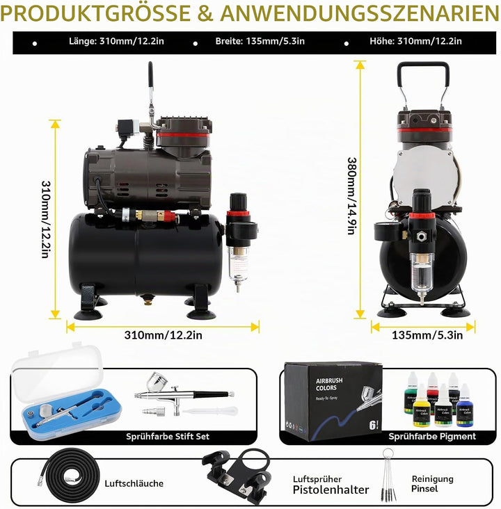 Airbrush-Kompressor mit Lufttank, professionelles Airbrush-Farb-Set mit Manometer, komplette Ausrüst