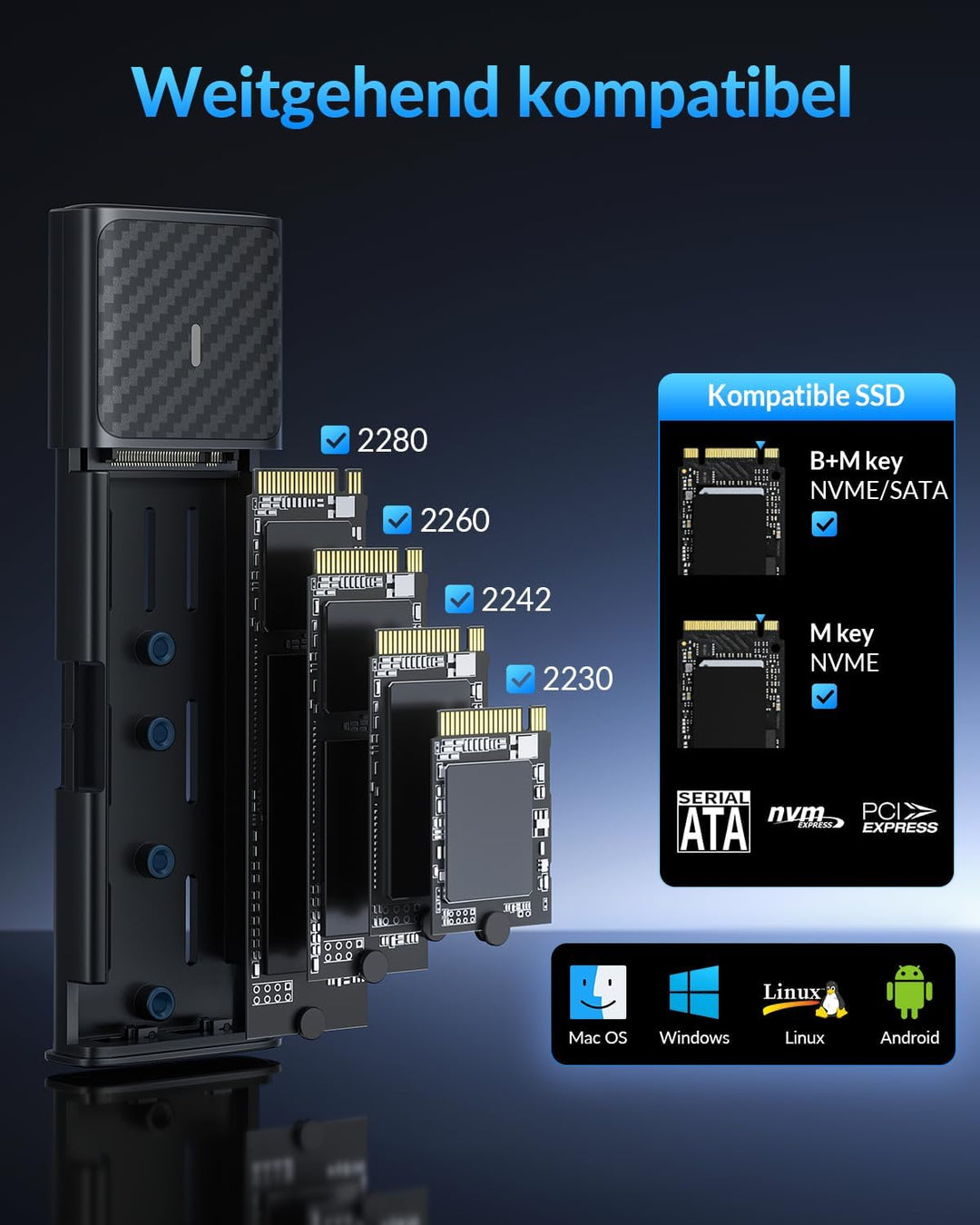 NVMe Gehäuse [Werkzeuglos], SETMSPACE M2 SSD Gehäuse [NVMe & SATA], M.2 SSD Gehäuse mit 2-in-1 Kabel