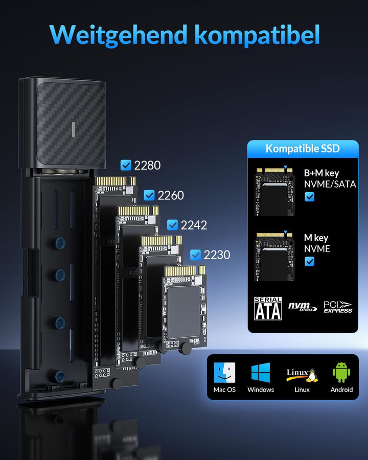 NVMe Gehäuse [Werkzeuglos], SETMSPACE M2 SSD Gehäuse [NVMe & SATA], M.2 SSD Gehäuse mit 2-in-1 Kabel