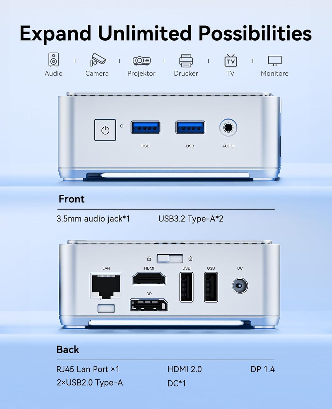 NiPoGi Essenx E2 Mini PC, Ιntel Twin Lake N150(bis zu 3,6 GHz), 16 GB DDR4 256 GB M.2 SSD Mini Deskt
