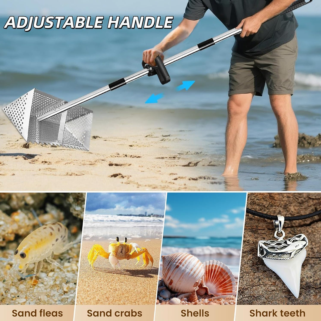 Sand Flohrechen Set, Edelstahl Strand Sandsieb mit 15,8 Zoll Haifischzahn, breiter Korb, Kohlenstoff