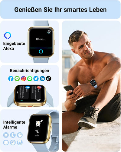 Tensky Smartwatch Herren Damen mit Telefonfunktion 1,8'' Alexa Integriert Fitnessuhr 100 Sportmodi,