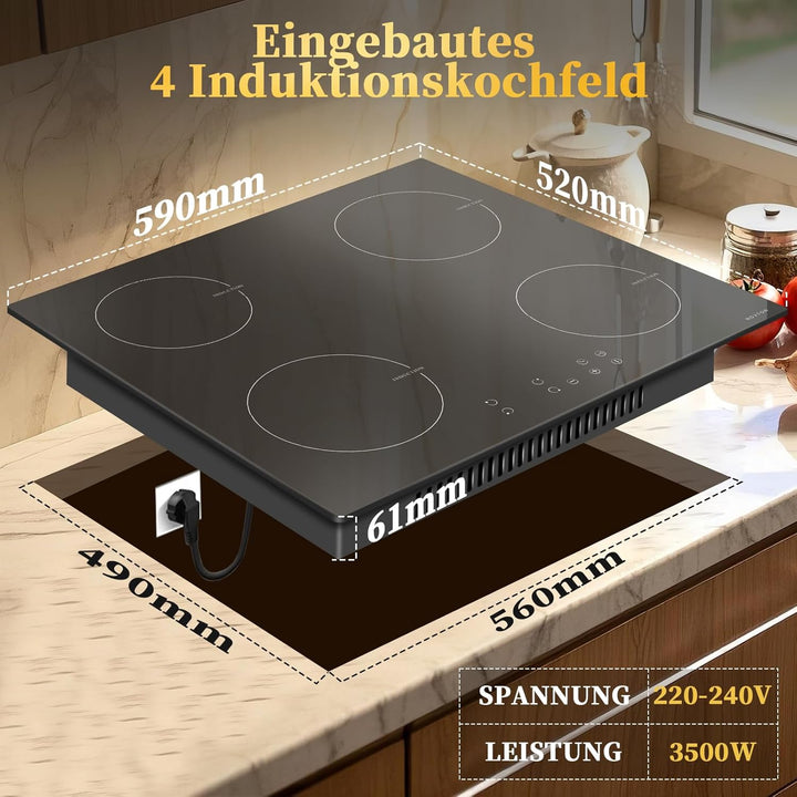 Noxton Domino Induktionskochfeld 60cm, 3500W, 220-240V Autarkes Induktionskochfeld 4 Platten Enibau