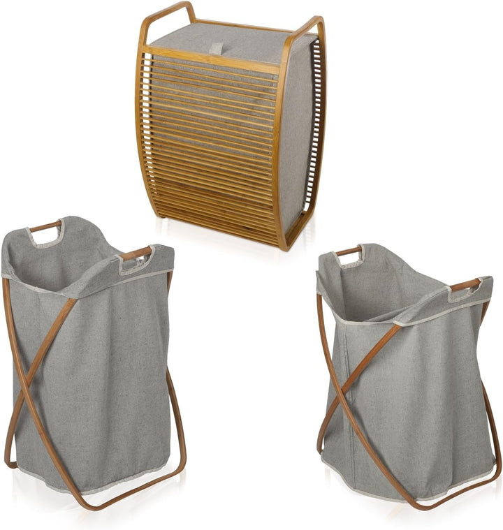 Möve 40905 Bamboo Wäschekorb 40 x 35,5 x 60 cm aus Bambus mit Canvas, Grey Braun, Braun