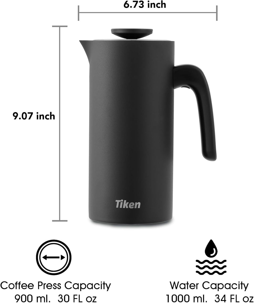 Tiken 1L French Press Edelstahl Double-Wall Vakuum Thermo Kaffeebereite Spülmaschinenfest Schwarz, S