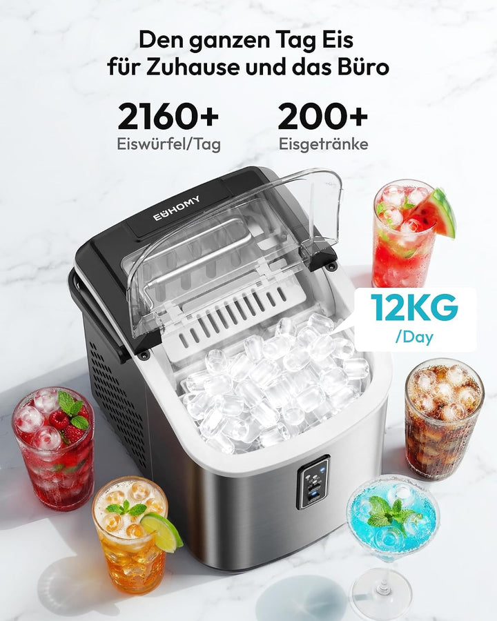 EUHOMY Eiswürfelmaschine Klein, 9 Würfel in 6 Minuten Bereit, 12 Kg/Day, Selbstreinigend, Tragbare E
