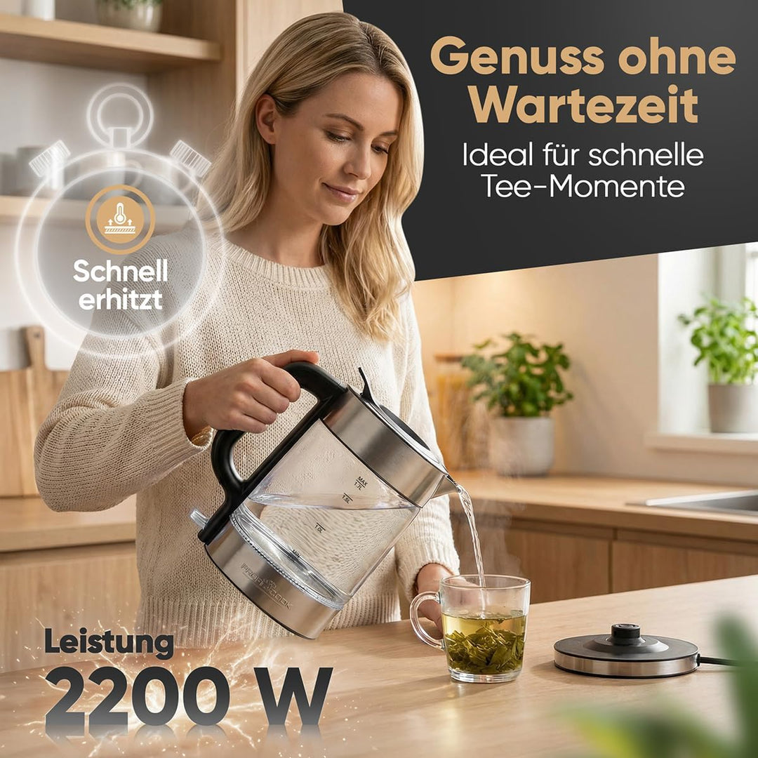 ProfiCook® Wasserkocher Glas | 1,7L | 2200W | beleuchtet | BPA frei | Einhandbedienung | 360° drehba
