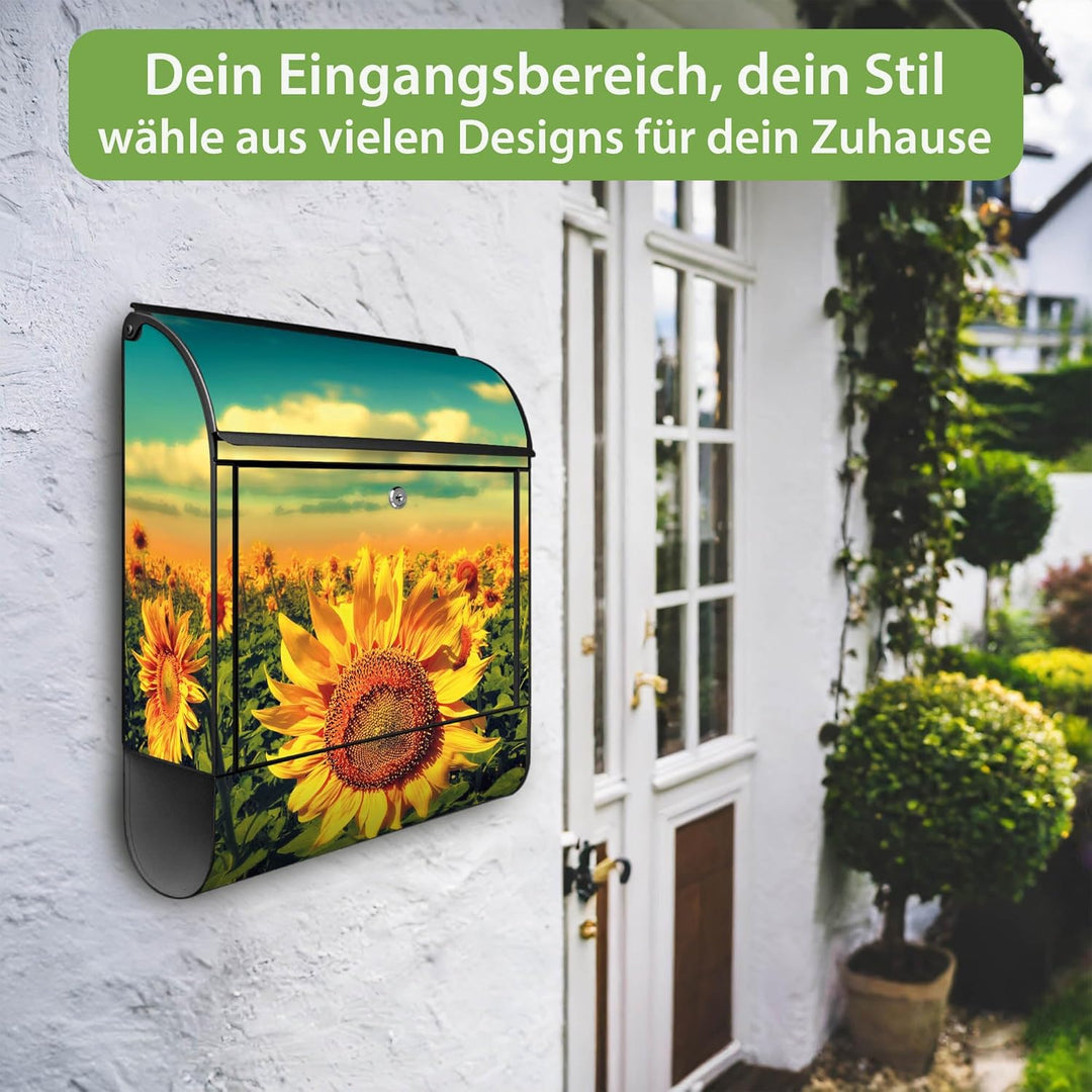 banjado® Design Briefkasten mit Motiv Sonnenblumen 39x47x14cm &amp; 2 Schlüssel - Briefkasten Stahl schw