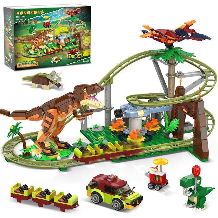 HOGOKIDS Dinosaurier Achterbahn Bausteine Spielzeug – 1222pcs Achterbahn Bauspielzeug mit 4 Dinosaur