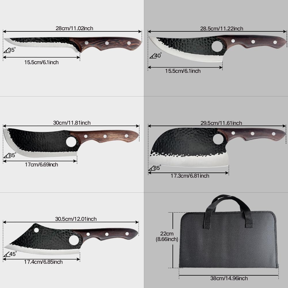 5-Set Messerset Küchenmesser mit Ergonomischen Holz Griff, Scharfe Messer Set aus Hochwertigem Carbo