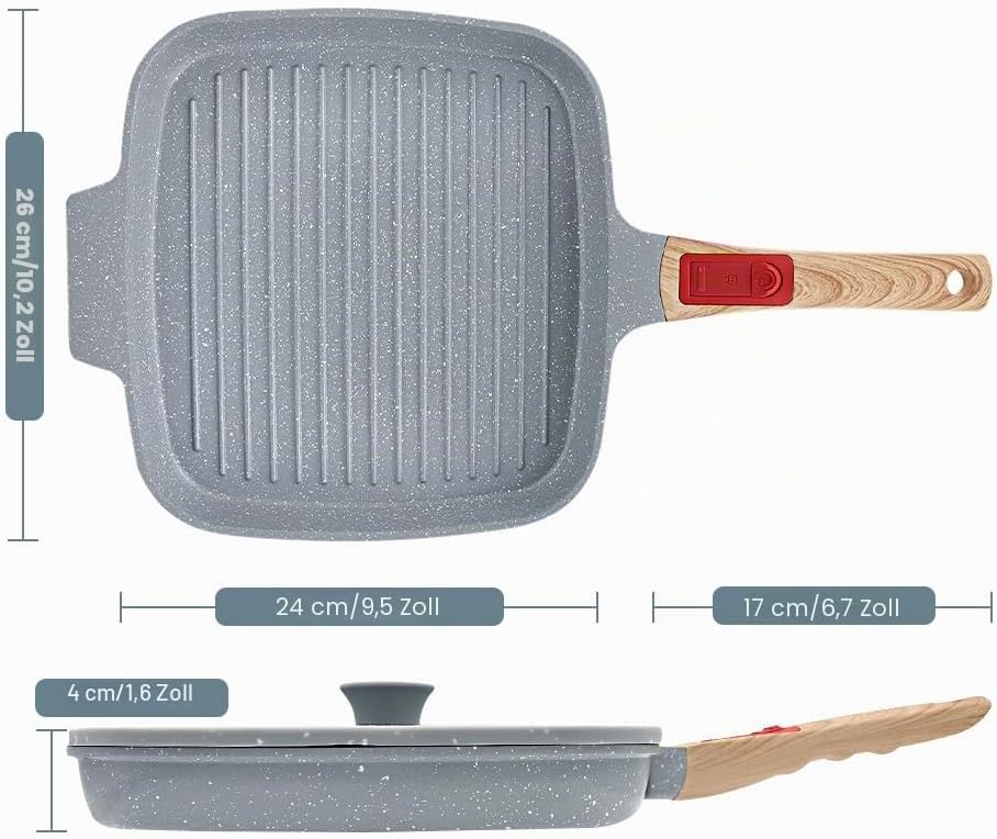 Grillpfanne mit Deckel 26 x 24 cm, Antihaft Keramikbeschichtung, Grill Pfanne mit Abnehmbarer Griff