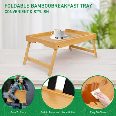 Betttablett mit Griffen, klappbaren Beinen, Bambus, Frühstückstablett mit Handy- und Tablet-Halter,