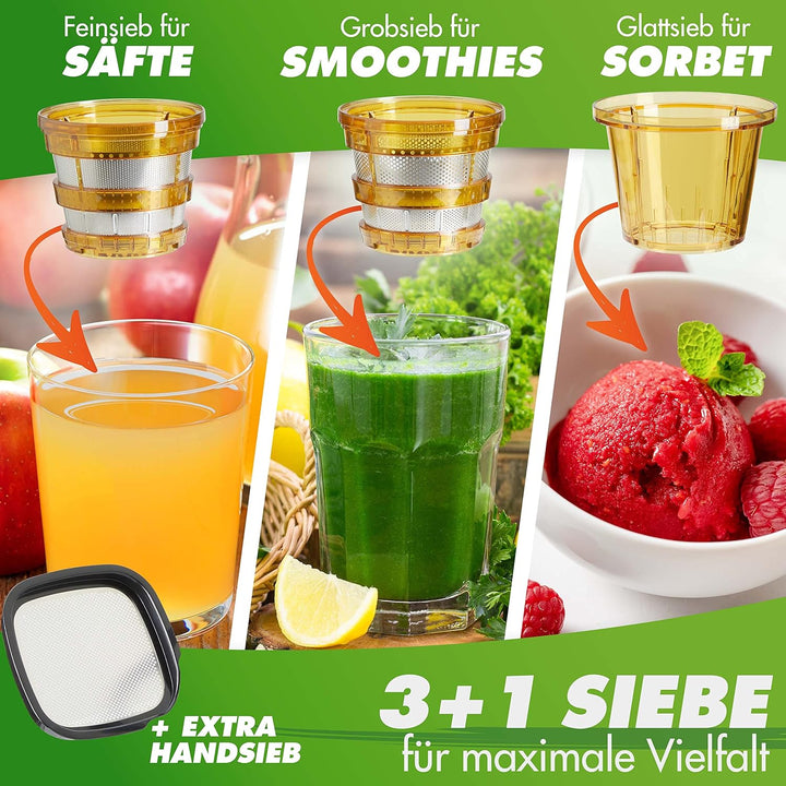 *NEU* NUTRI-PRESS NO.1 Slow Juicer 3 SIEBE Saft, Smoothie, Frucht-Eis - Sehr leise & 100% BPA-Frei -