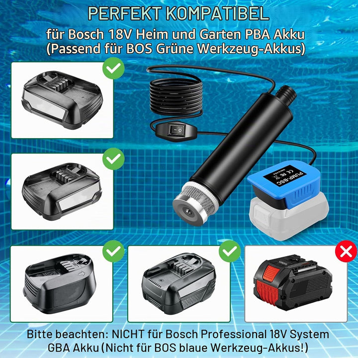 Wasserpumpe für Bosch PBA 18V Haus und Garden Akku, 500GPH Tauchpumpe Schmutzwasserpumpe Saugpumpe A