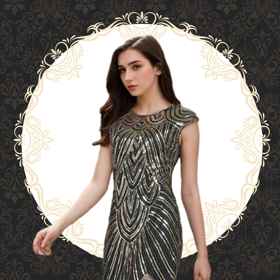 PLULON 1920er-Jahre-Flapperkleid mit Pailletten, Perlen und Fransen, Set mit 20er-Jahre-Accessoires