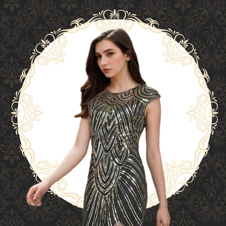 PLULON 1920er-Jahre-Flapperkleid mit Pailletten, Perlen und Fransen, Set mit 20er-Jahre-Accessoires