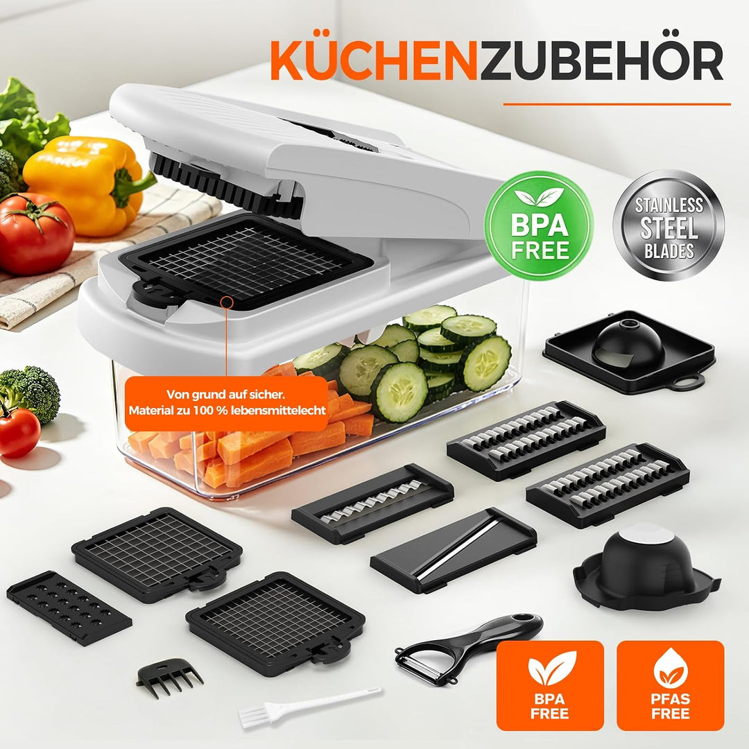 8-in-1 Multifunktionaler Gemüseschneider &amp; Mandoline Gemüsehobel | 8 Rostfreie Edelstahlklingen mit