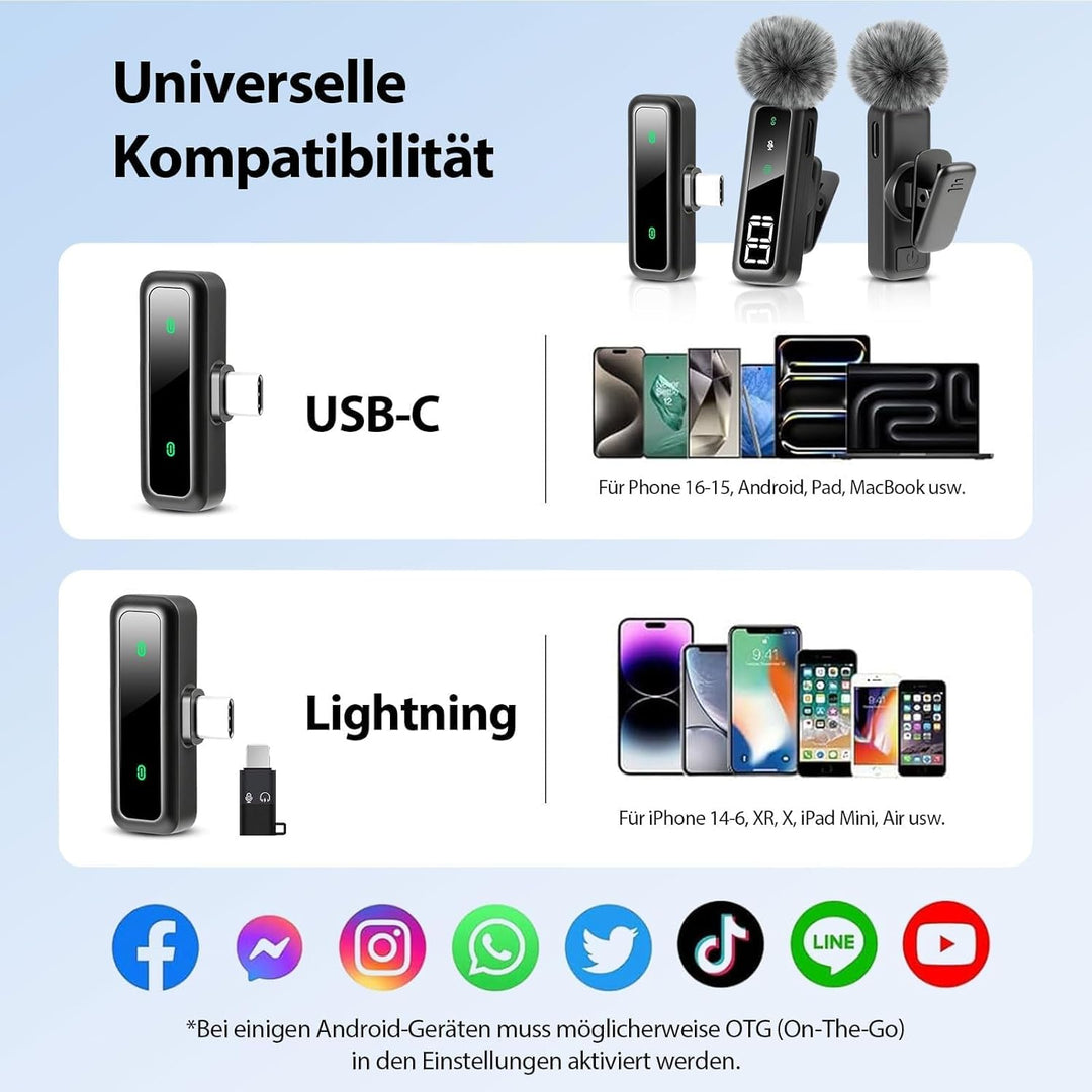 Kabelloses Lavalier-Mikrofon mit LED-Anzeige, Lavalier-Mikrofone Clip-on-Mikrofon mit Rauschunterdrü