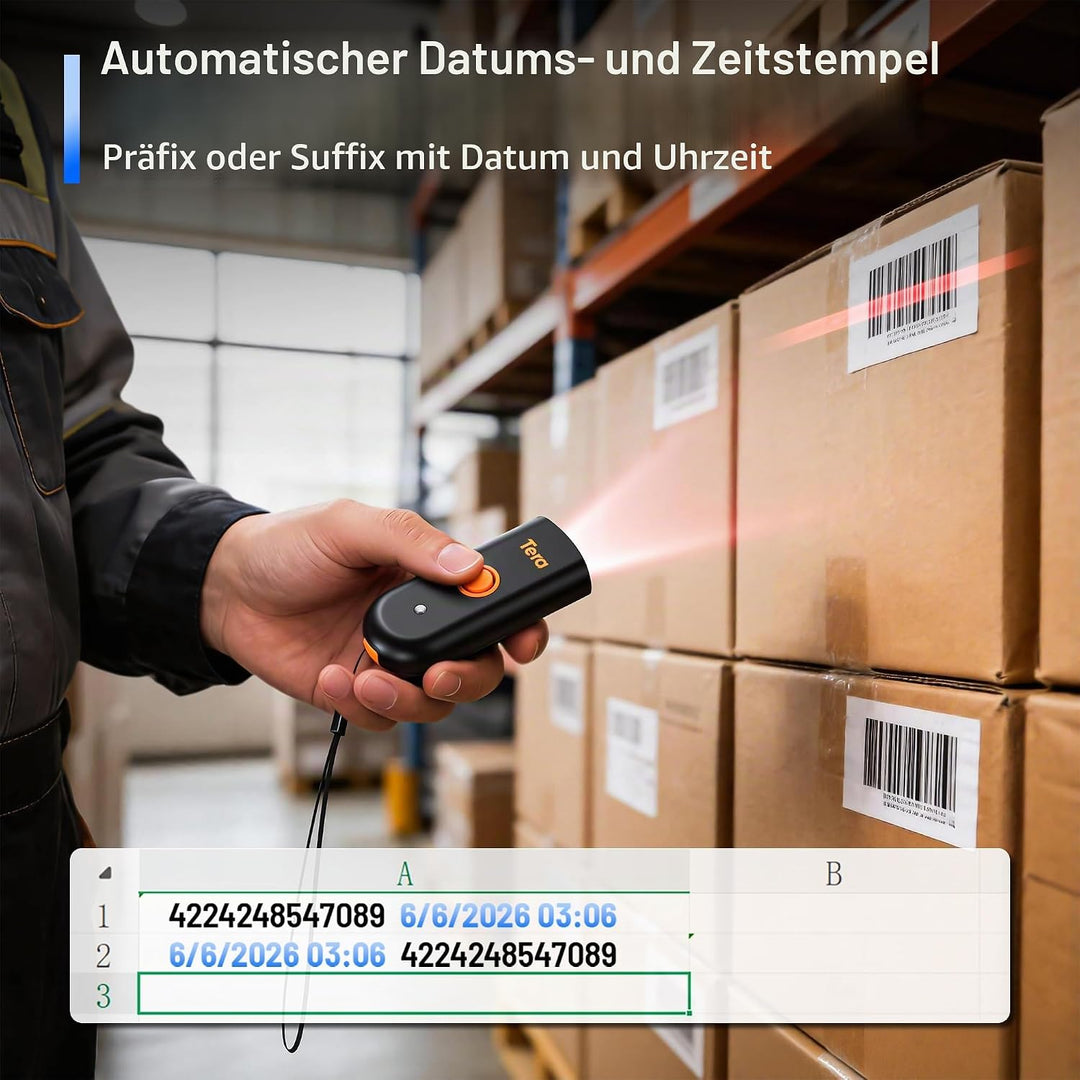 Tera Mini Tragbarer Barcode-Scanner CMOS Barcodescanner 3-in-1 Bluetooth &amp; USB-Kabel &amp; 2,4G Wireless